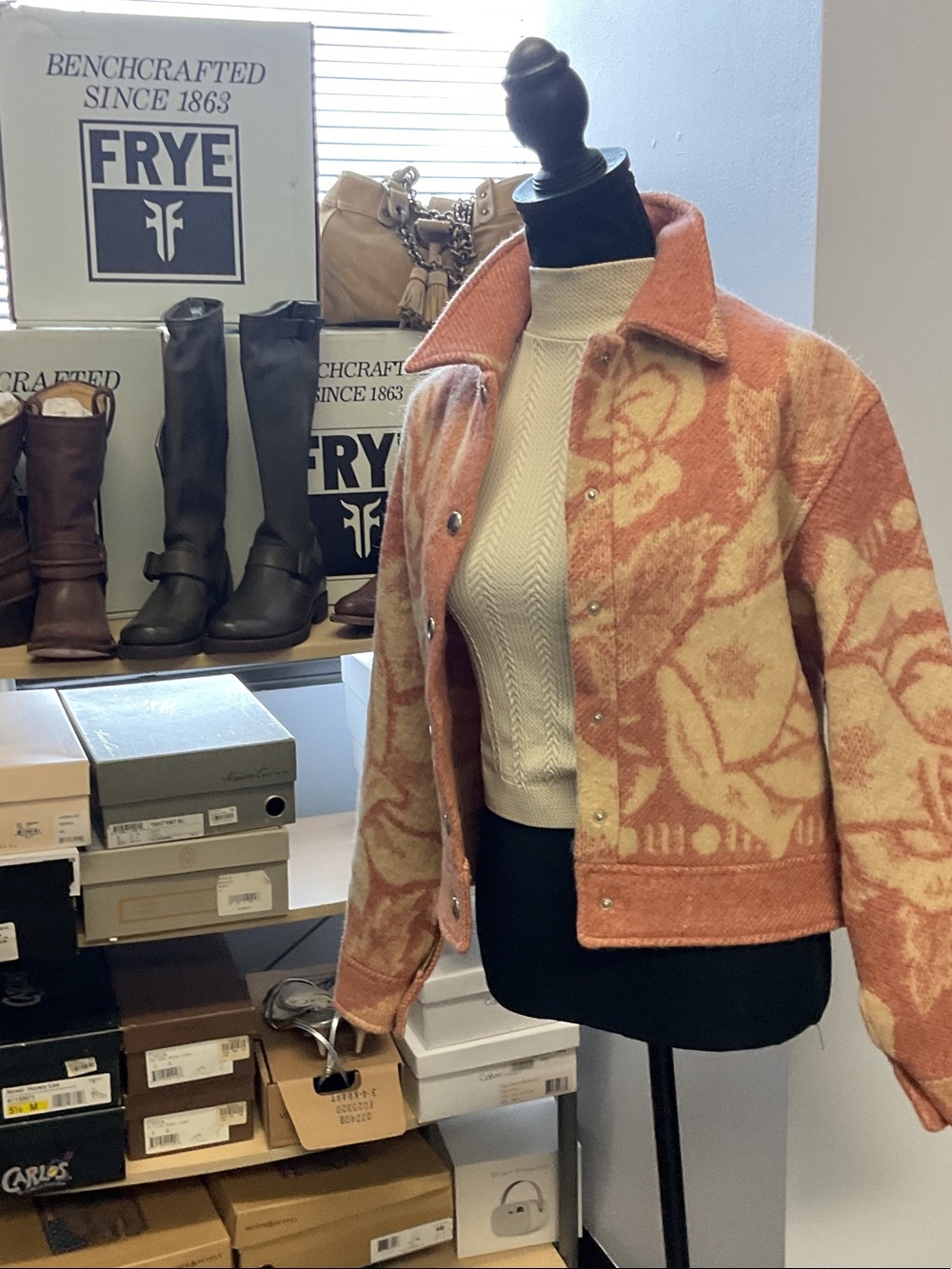 Womens Coral & Cream Patterned Wool-Blend Jacket